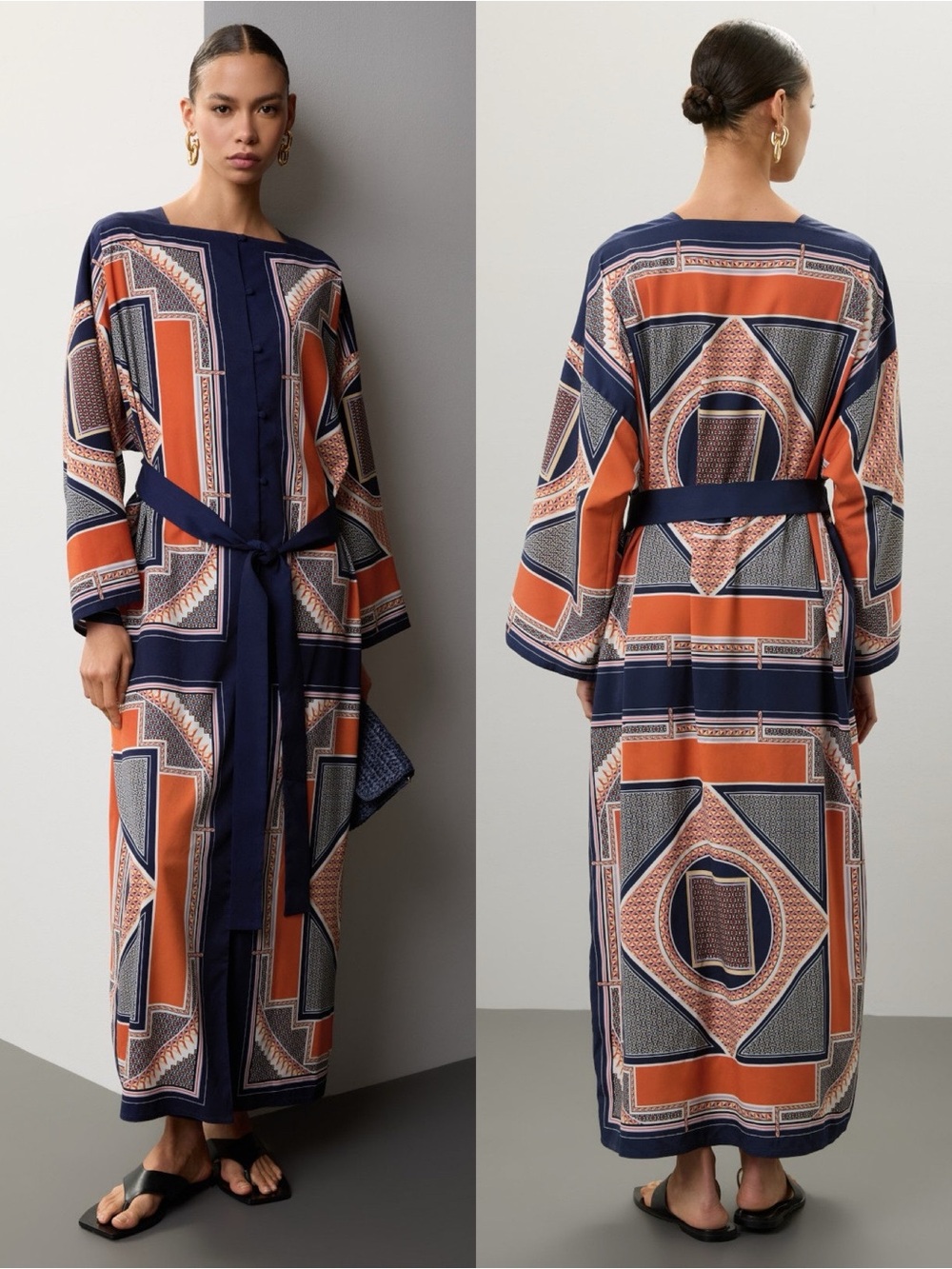 Rosetta Getty Geometric Blue Orange Square Neck Long Sleeve Caftan XS